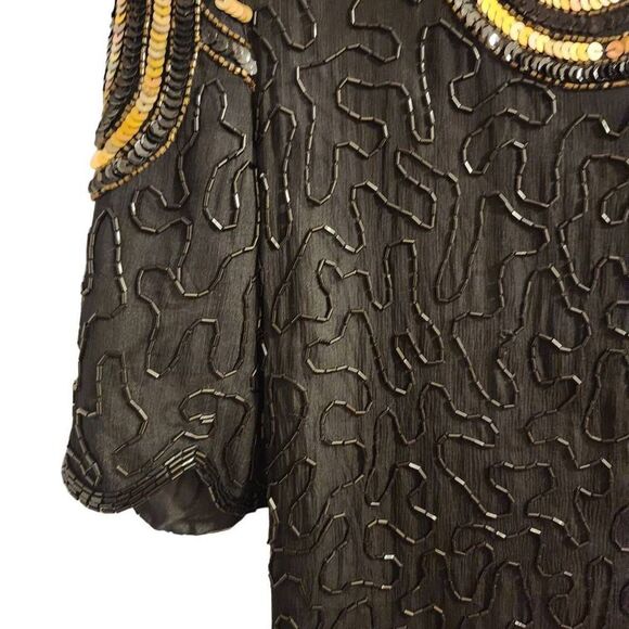 Stenay Vintage Silk Beaded Black Gold Top Size Small - Picture 8 of 13